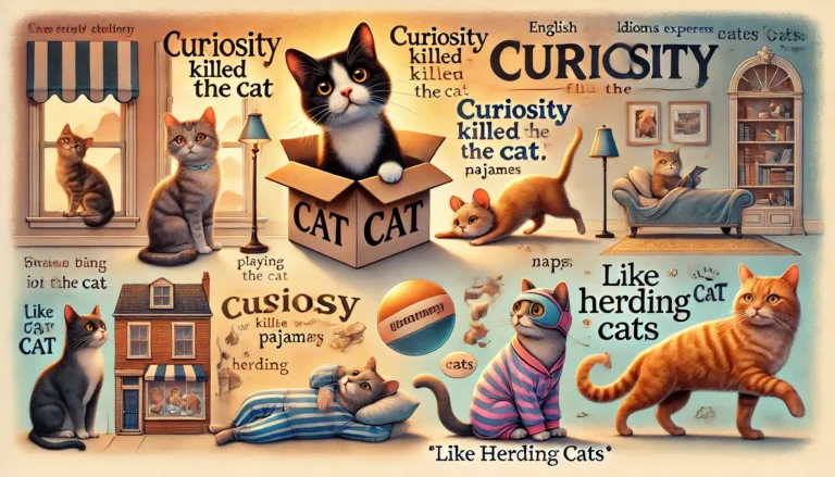 DALL·E 2024-12-30 10.06.41 - A visually engaging illustration for a blog article about cat-related English idioms and expressions, set on a wide horizontal canvas. The scene featu