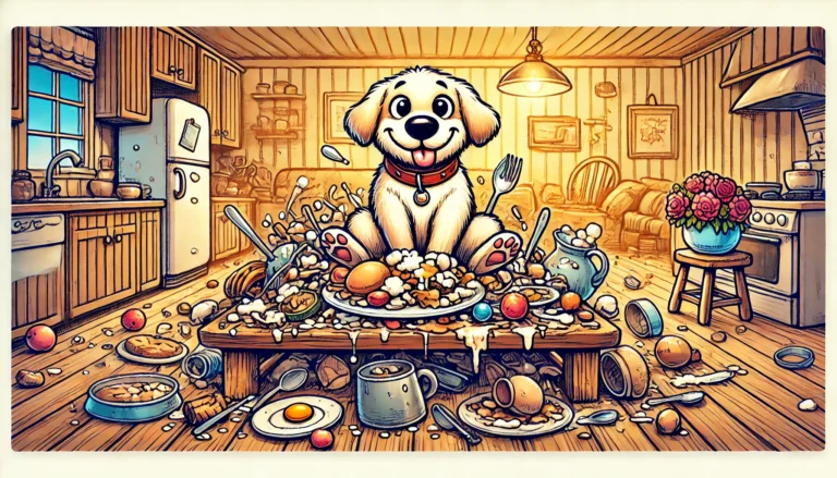 DALL·E 2024-12-30 10.13.12 - A horizontally oriented illustration representing the idiom 'Dog’s breakfast'. Depict a chaotic scene with a cute cartoon-style dog happily sitting in