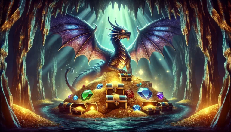 DALL·E 2024-12-30 10.14.43 - A wide illustration of a mythical dragon sitting atop a massive hoard of gold, treasure, and sparkling jewels in a dimly lit cave. The dragon has maje