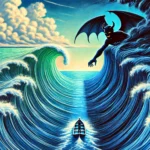 DALL·E 2024-12-30 10.17.23 - A horizontal image illustrating the idiom 'Between the Devil and the Deep Blue Sea,' featuring a dramatic ocean scene with a small boat caught between