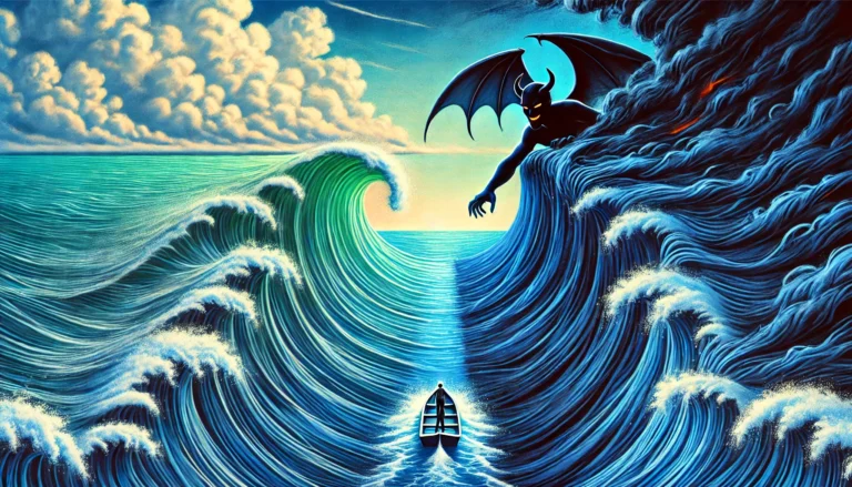 DALL·E 2024-12-30 10.17.23 - A horizontal image illustrating the idiom 'Between the Devil and the Deep Blue Sea,' featuring a dramatic ocean scene with a small boat caught between