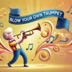 DALL·E 2024-12-30 10.19.10 - A creative, horizontal illustration representing the English idiom 'Blow your own trumpet.' The image features a cheerful person playing a golden trum