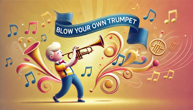 DALL·E 2024-12-30 10.19.10 - A creative, horizontal illustration representing the English idiom 'Blow your own trumpet.' The image features a cheerful person playing a golden trum