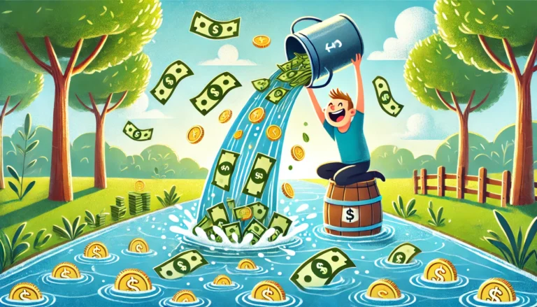 DALL·E 2024-12-30 10.22.42 - A horizontal illustration depicting the idiom 'Spend money like water'. A person joyfully pouring money from a pitcher into a river, with coins and bi