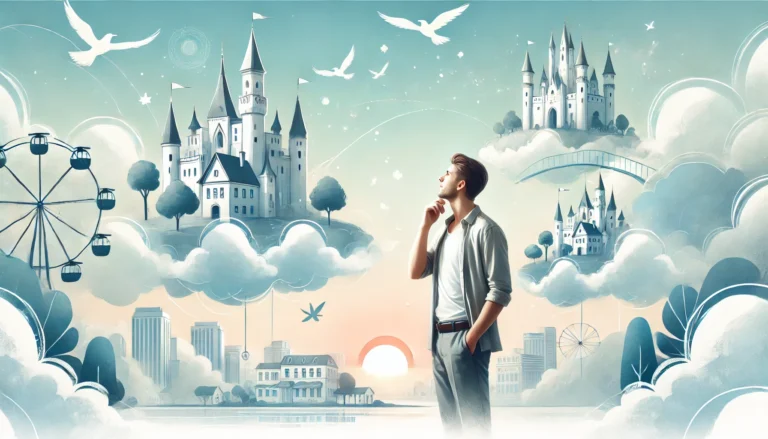DALL·E 2024-12-30 10.28.49 - A wide horizontal illustration featuring a whimsical and dreamy landscape with castles floating in the air, connected by delicate clouds. A man in cas